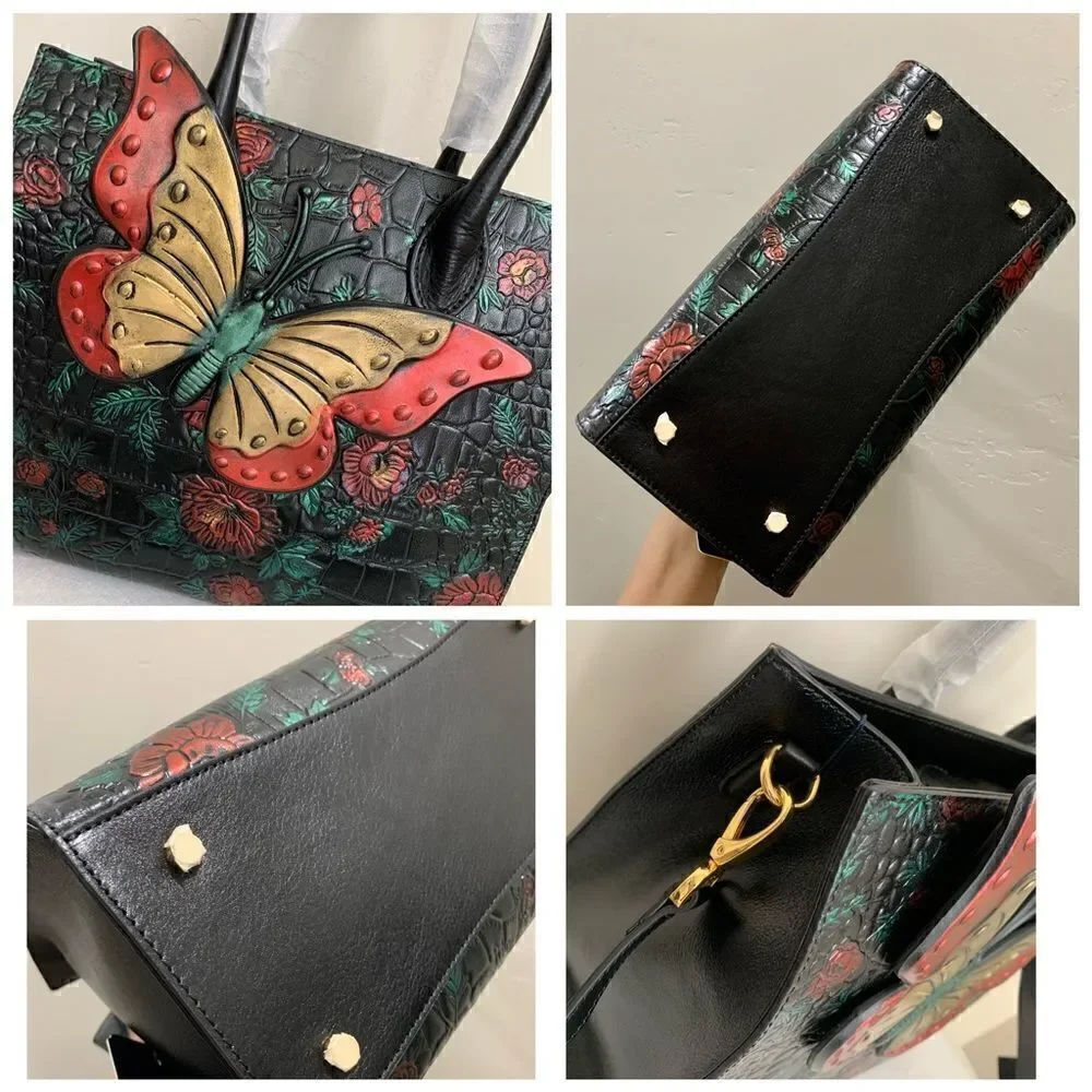 Hand Painted Genuine Leather Floral Embossed with 3D Butterfly Handbag